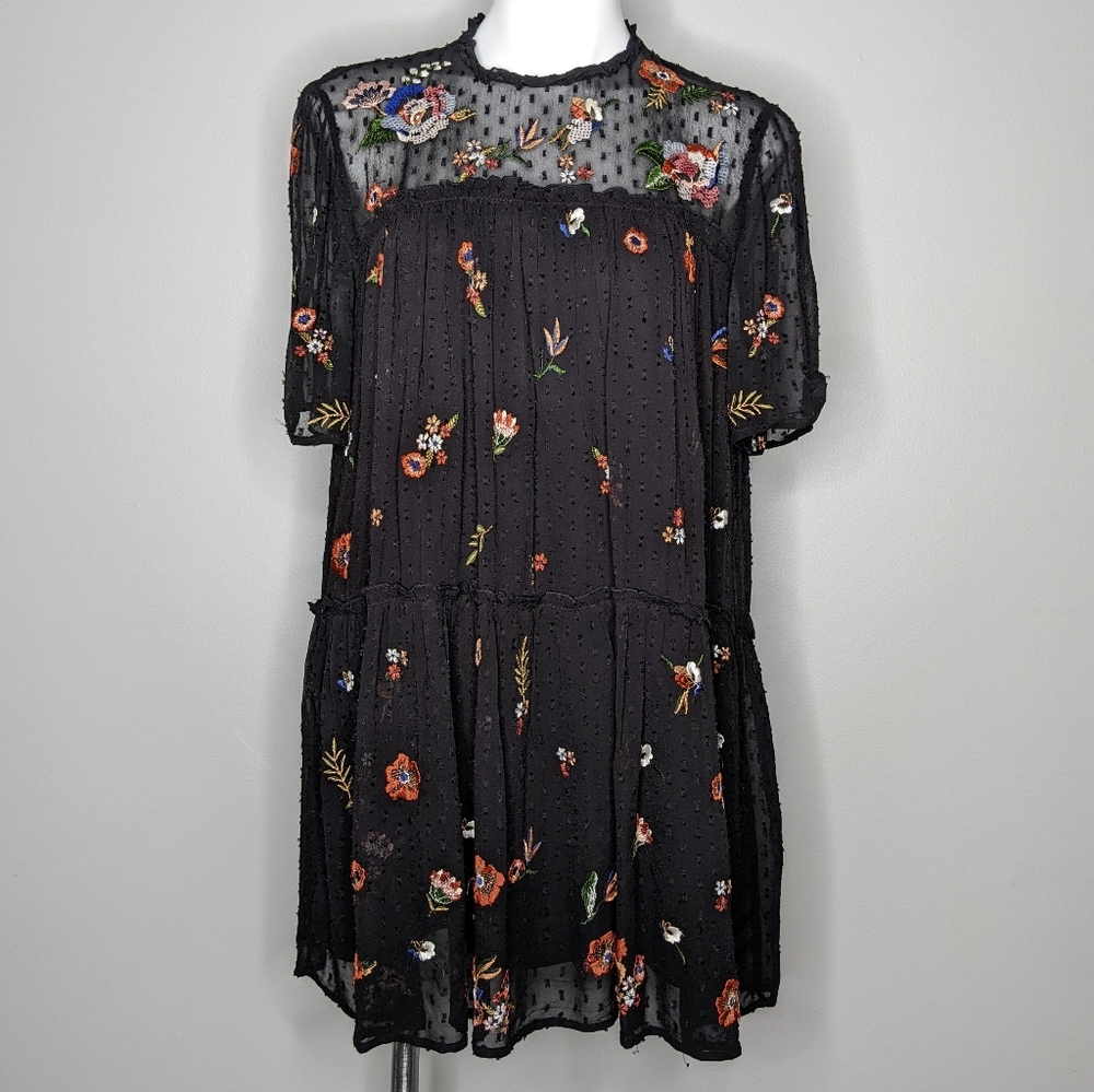 Zara Black Floral Embroidered Sheer Short Dress